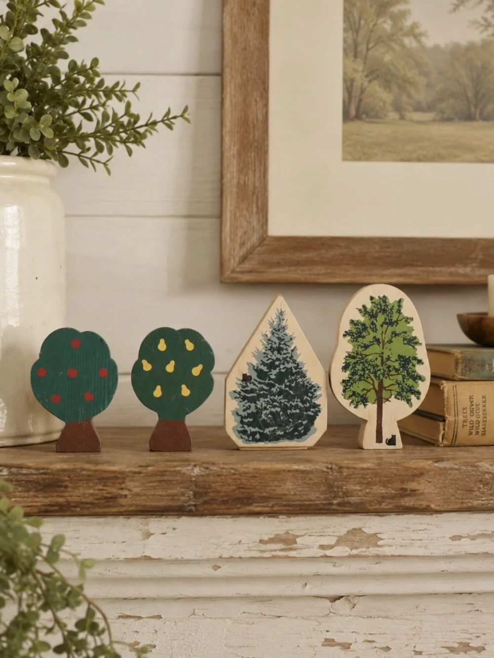 Cat’s Meow Village Tree Lot of 4 Apple Pear Evergreen Black Cat Wood Figures